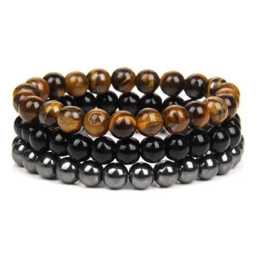 3 Bracelets en Pierres Naturelles Œil de Tigre, Onyx et Hématite. Offrent protection, augmentent l'énergie, renforcent la sécurité et la discipline